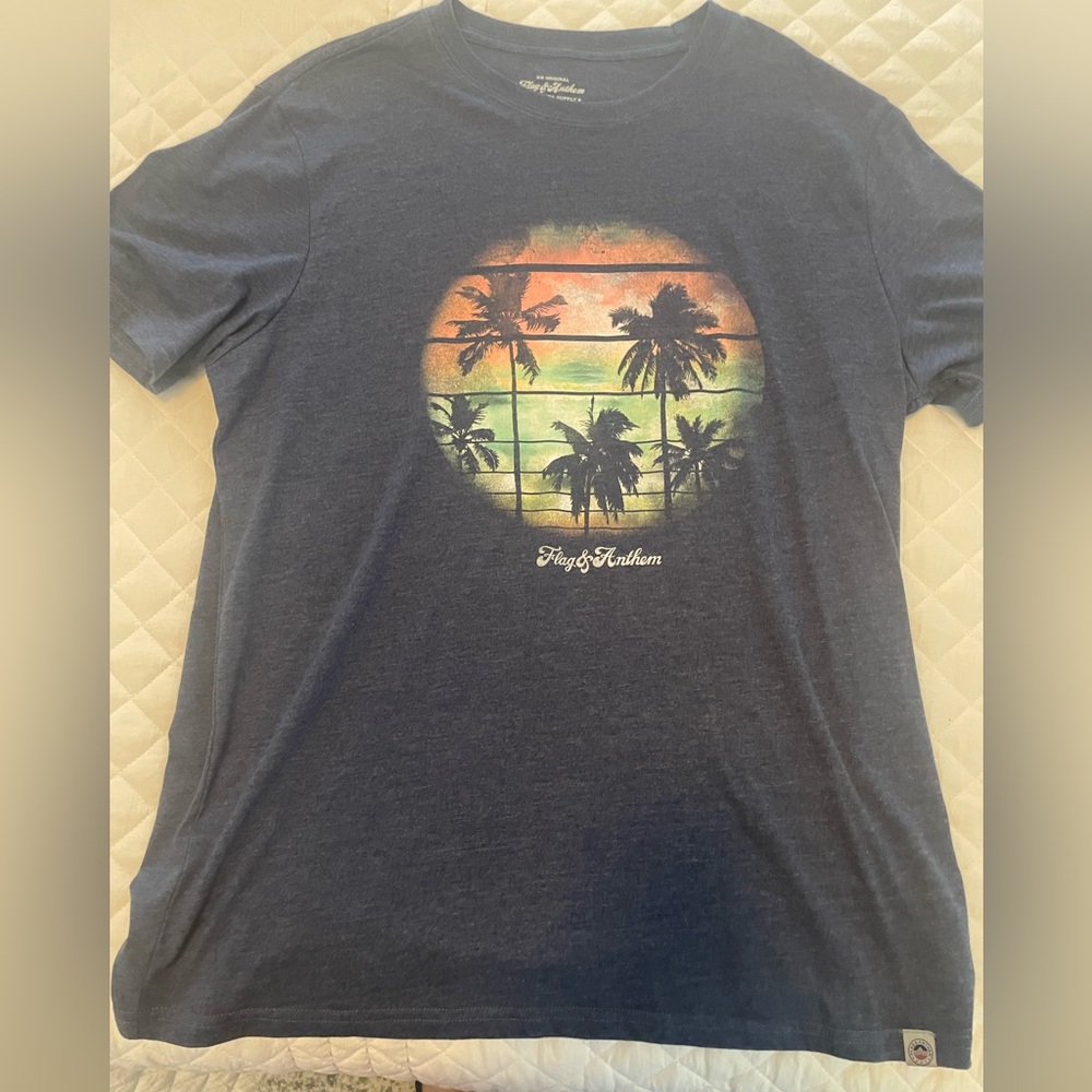 Flag & Anthem. Blue Short Sleeve Tee with Retro Beach Design